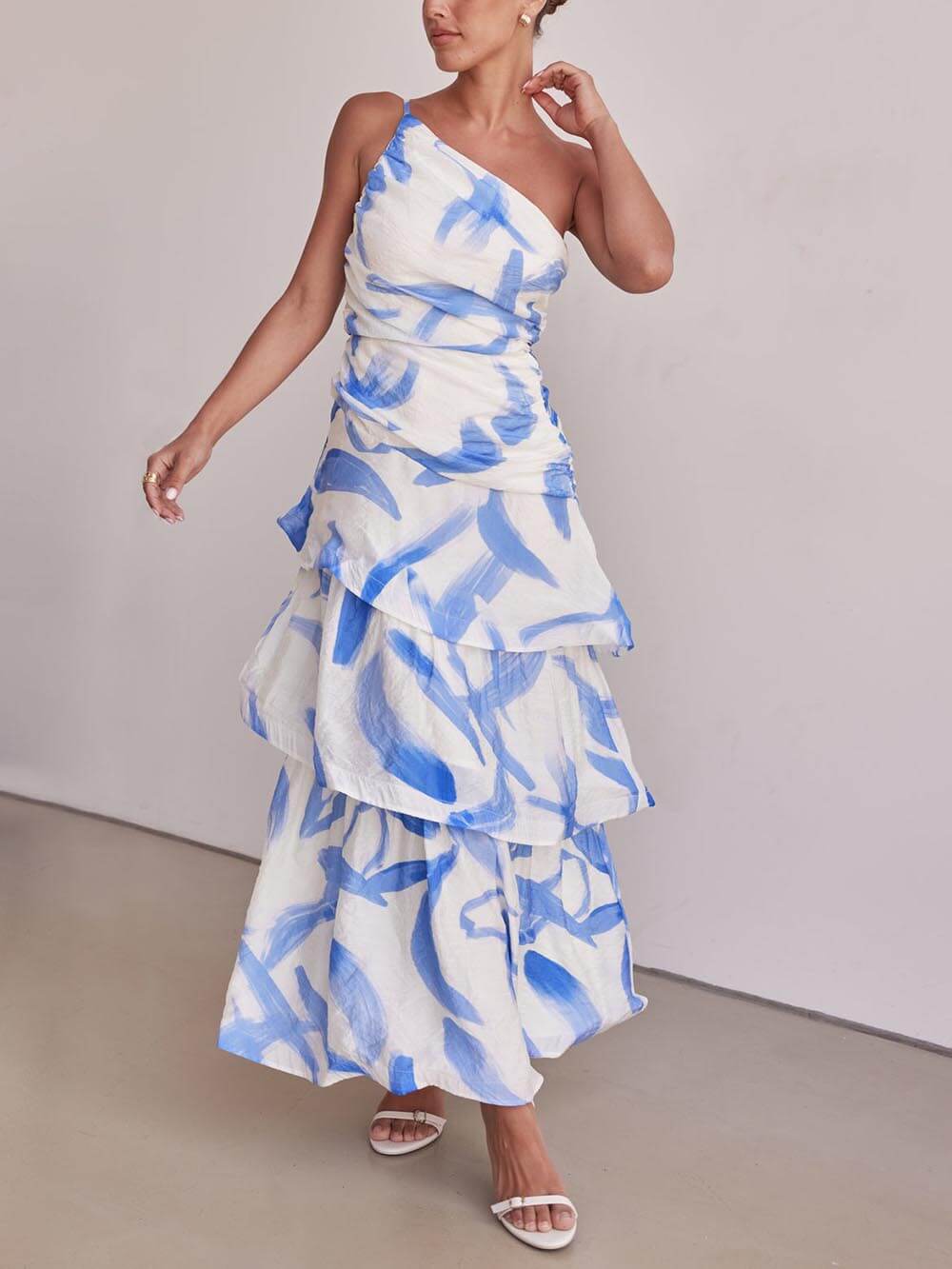 Unique Pleated Asymmetric Neckline Print Maxi Dress