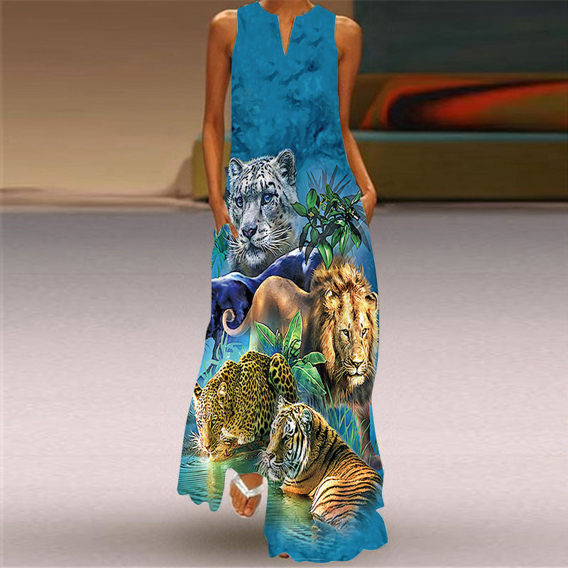 Women's Retro Print V-neck Multicolor Sexy Sleeveless  Maxi Dress