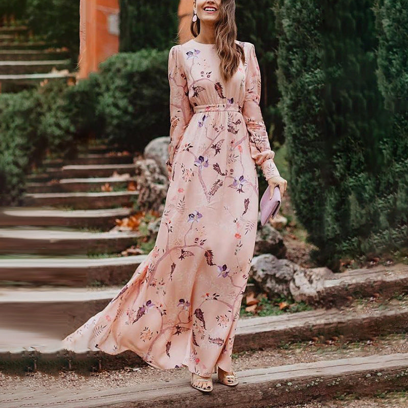 Women's Fashion Print Temperament Long Sleeve Elegant Casual Maxi Dress
