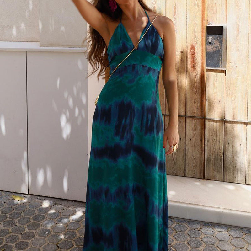Fashion Feminine Printed Casual Tie Halter Neck Backless  Maxi Dress
