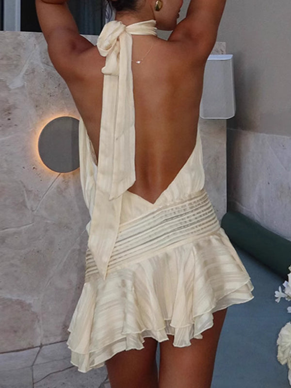 Striped High-Neck Sleeveless Ruffled Mini Dresses