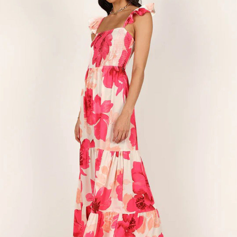 Women's Sexy Beach Bohemian Sleeveless Floral Print Slanted Neck Maxi Dress