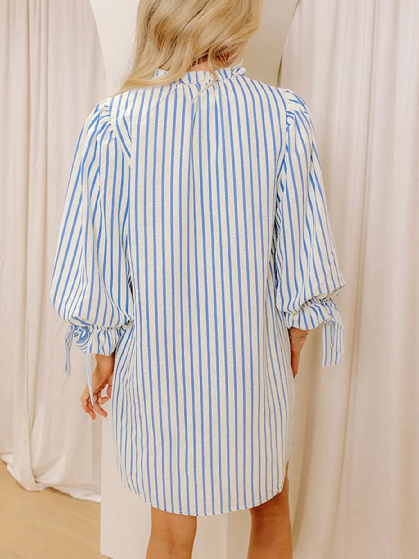 Stripe Knotted Sleeve Notched Shift Mini Dress