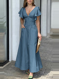 Fashion Solid Color Blouse Casual V Neck Ruffle Pocket Maxi Dress